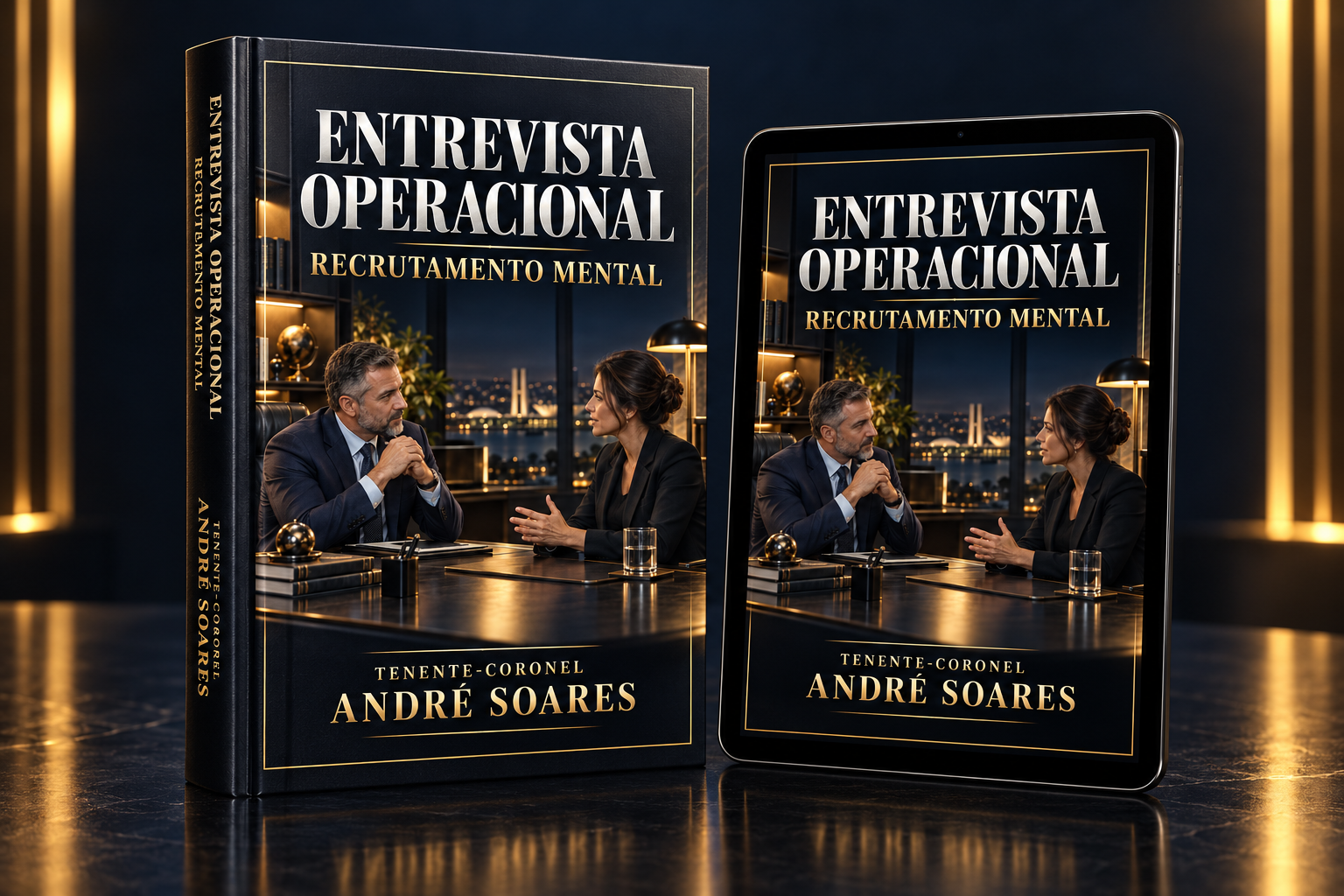 Mockup oficial do eBook Entrevista Operacional em livro e tablet